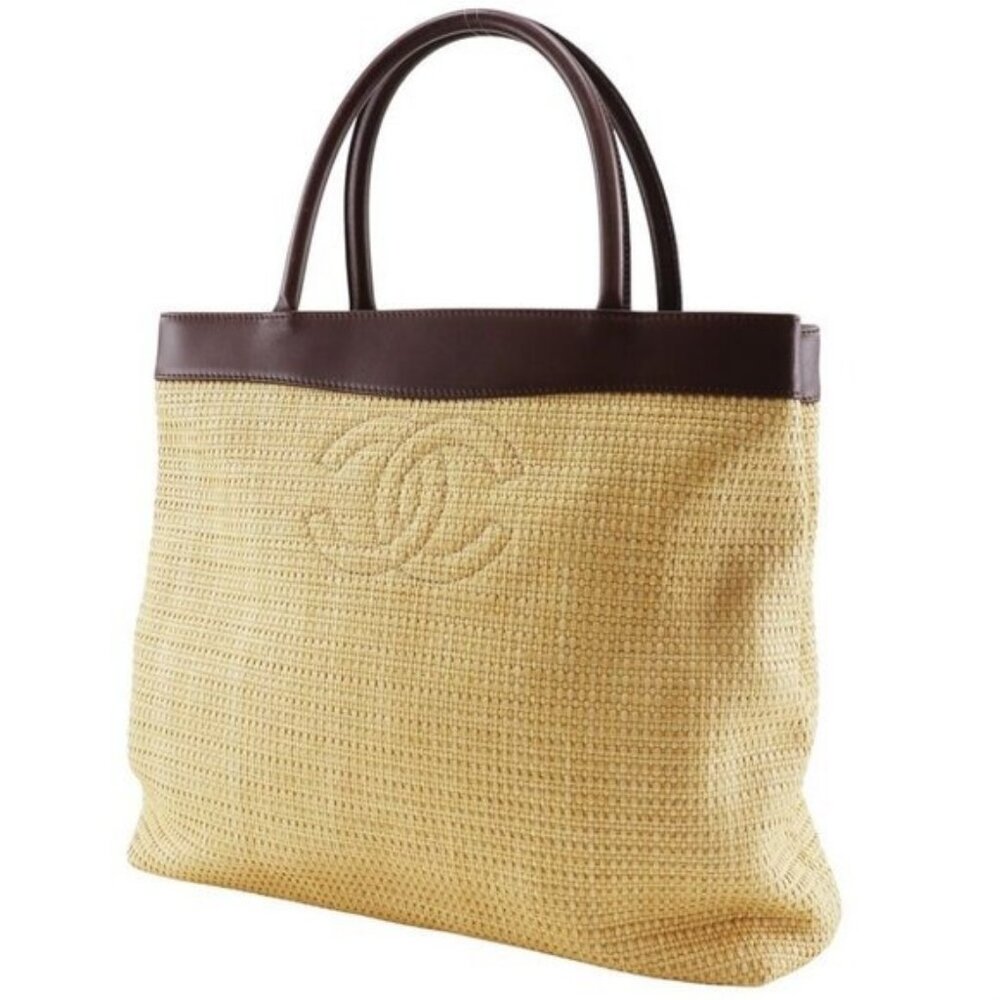 CHANEL Raffia Tote Summer Shoulder Bag Straw Beige Brown - Picture 3 of 13